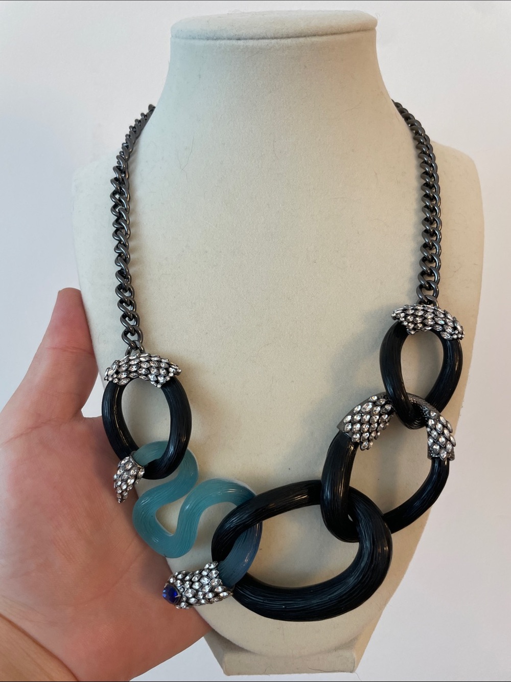Alexis Bittar Snake Link Necklace Black Lucite Blue Crystal Statement Collar